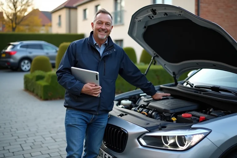 Homme souriant près d'une voiture familiale moderne