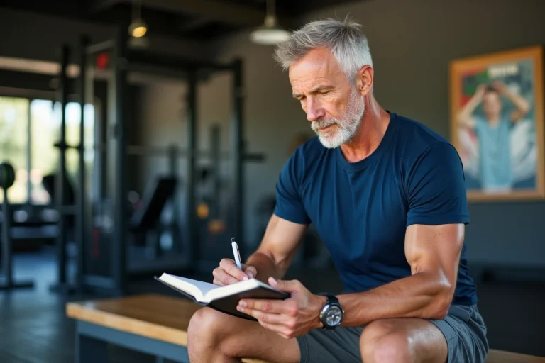 Homme sportif de 60 ans note ses progrès dans un journal