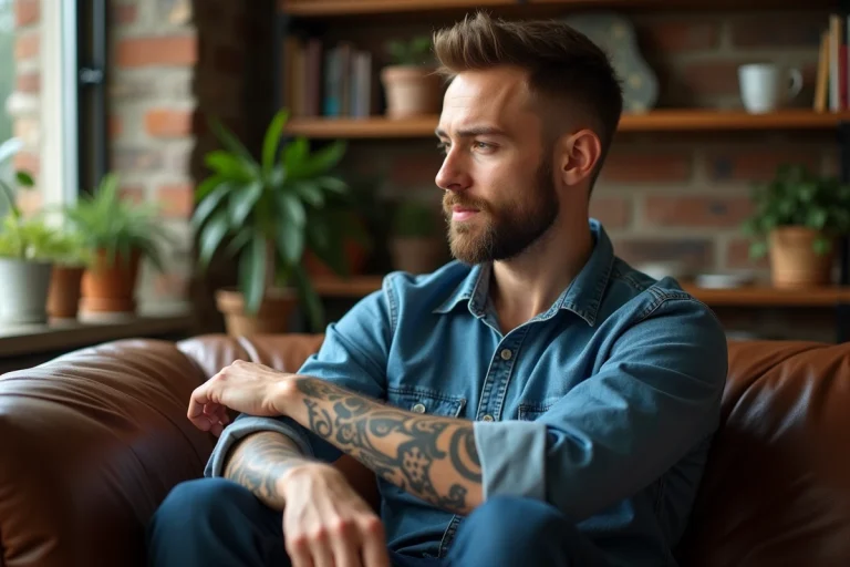 Homme en denim avec tatouages sur le bras dans un salon cosy