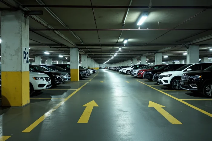 Intérieur du parking P2 Stade de France avec allées balisées et signalétique