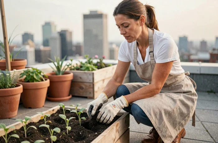 Femme qui transplante des plants dans un jardin potager urbain sur un toit terrasse, initiative durable et responsable