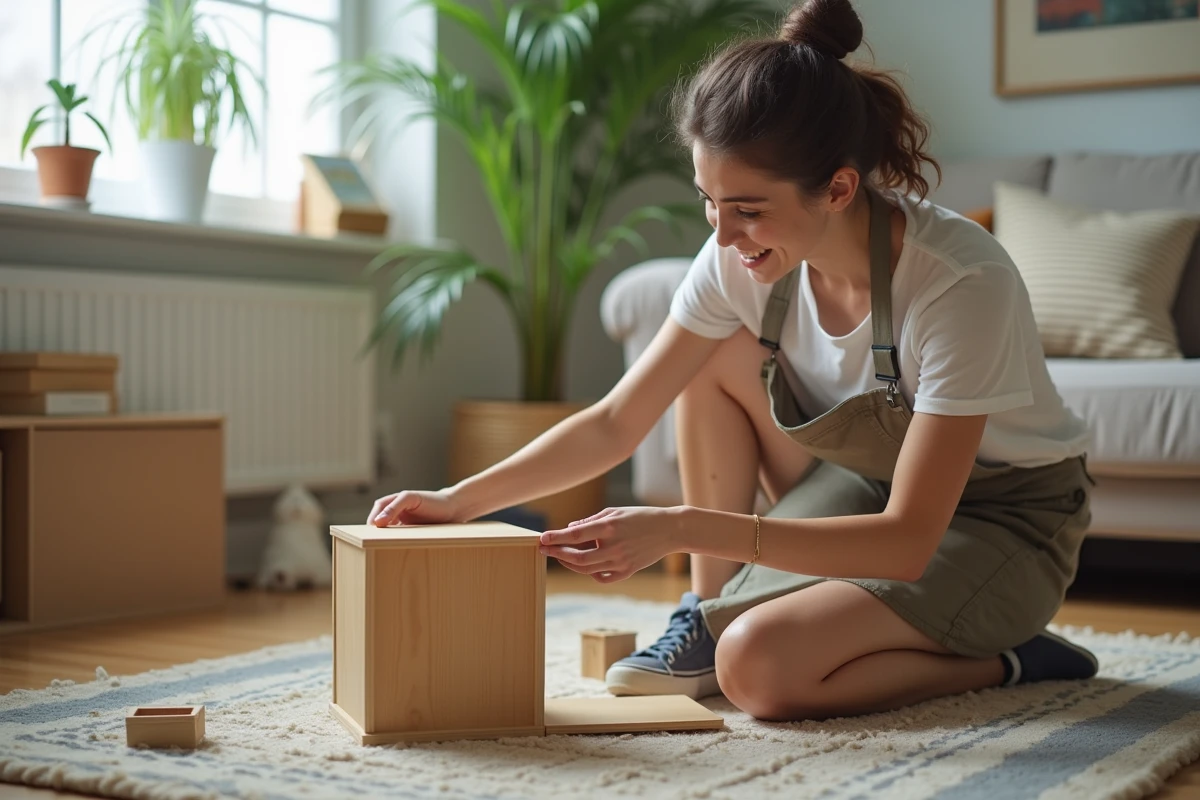 Jeune femme assemble une petite bibliothèque dans son salon