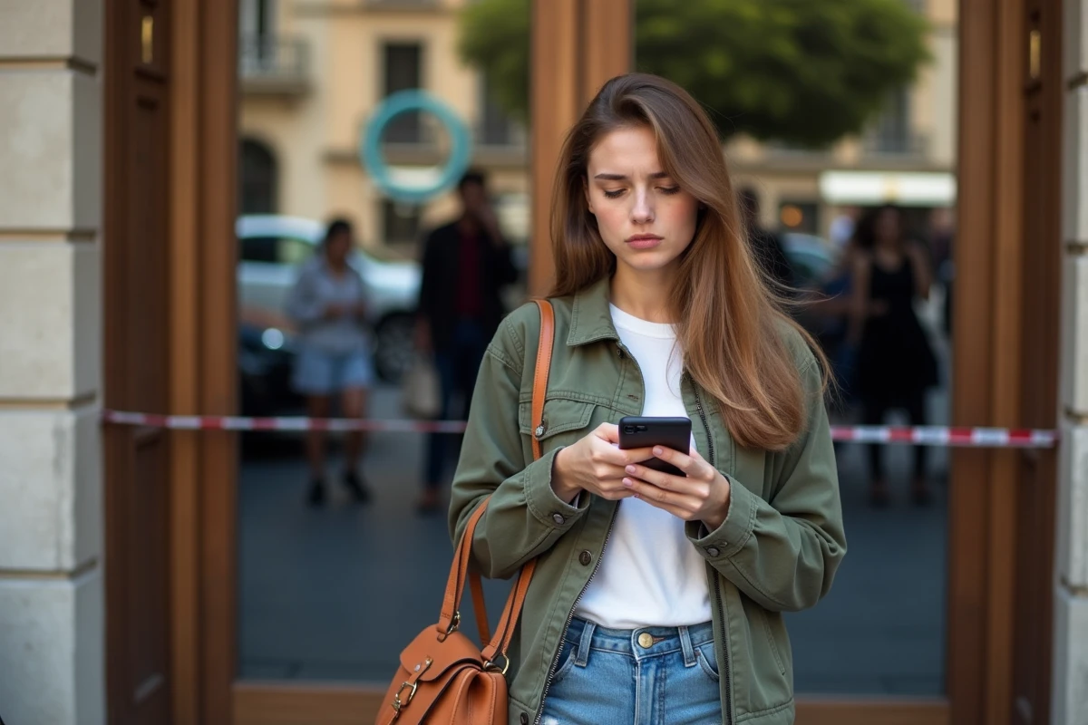 Jeune femme inquiète devant une entrée barricadée à Cannes