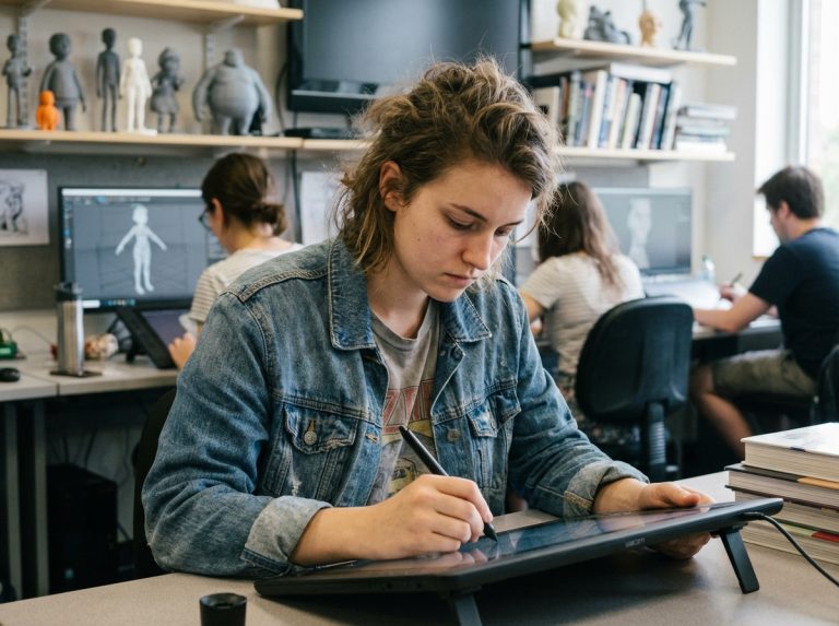 Jeune femme en denim dessinant sur tablette dans studio d'animation