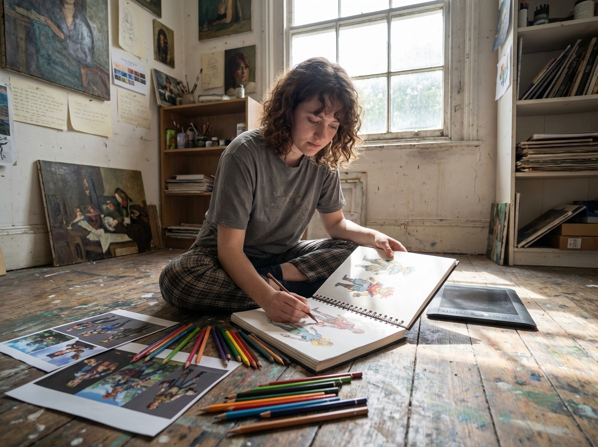 Jeune femme dessinant des personnages de jeu dans un studio d
