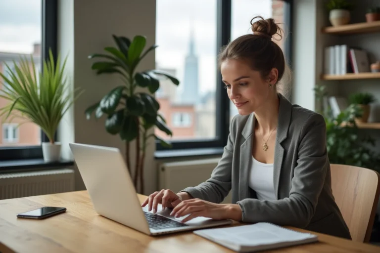 Jeune femme professionnelle consulte annonces immobilières chez elle