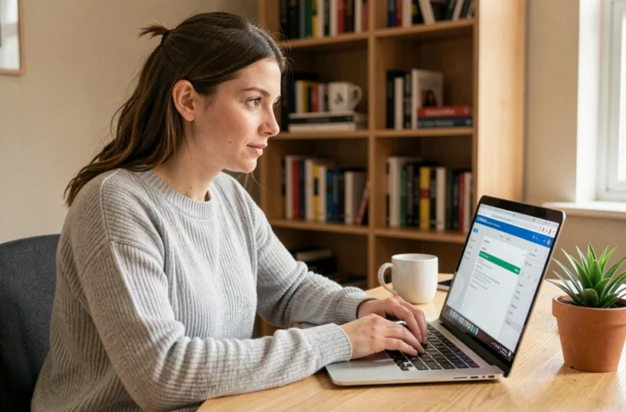 Jeune femme utilisant le webmail de Créteil sur un ordinateur portable dans un bureau à domicile