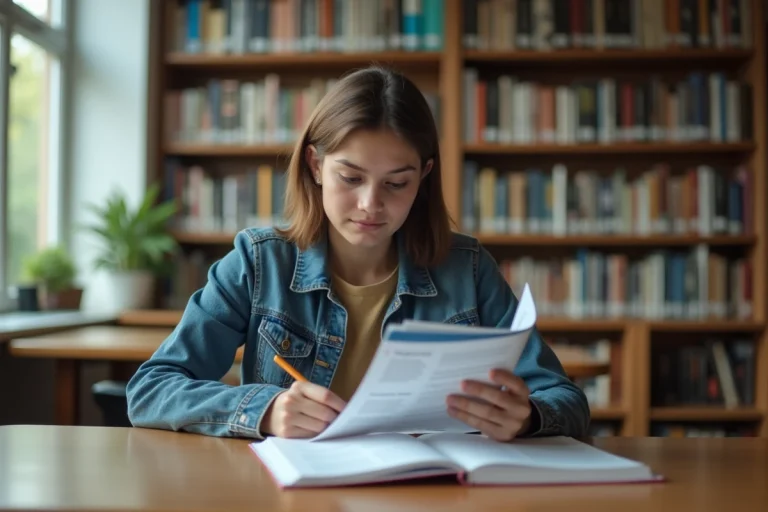 Jeune femme en bibliothèque universitaire, étudiant une brochure
