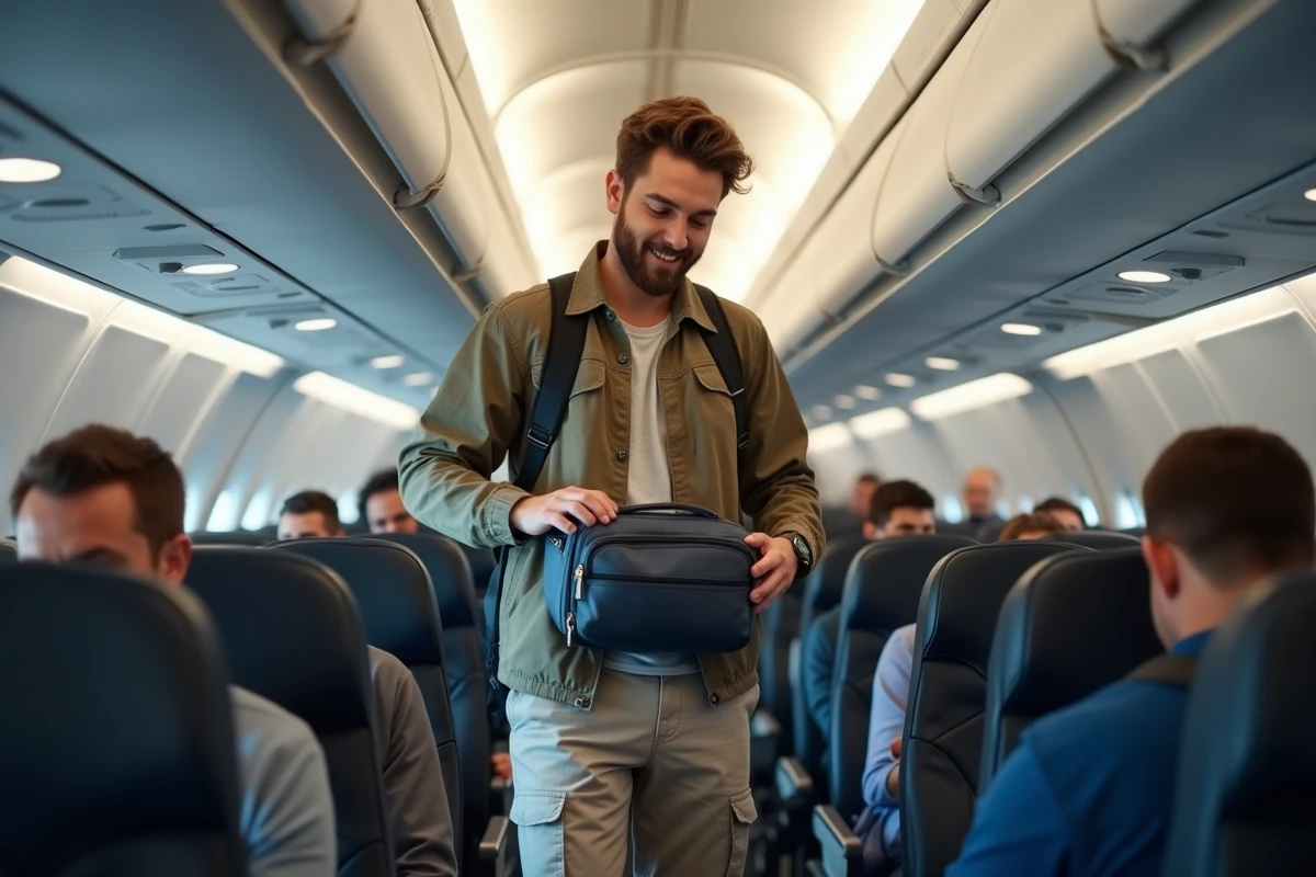 Jeune homme rangeant sac dans l