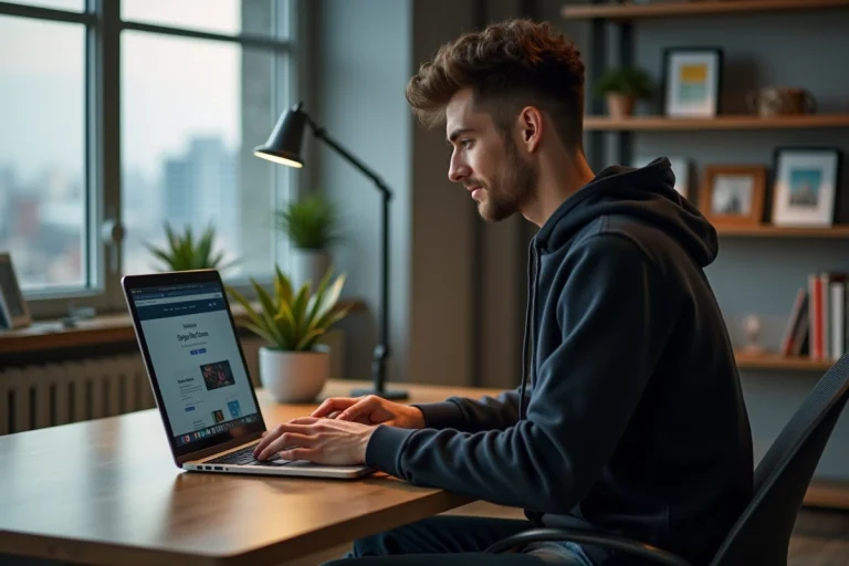 Jeune homme au bureau avec ordinateur portable en homeoffice