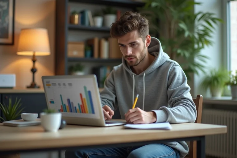 Jeune homme au bureau regardant un graphique sur son laptop