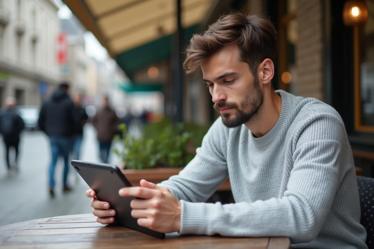 Jeune homme travaillant sur SEO avec une tablette en extérieur