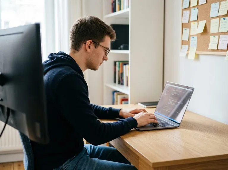 Jeune homme concentré en train de coder sur son ordinateur dans un bureau moderne