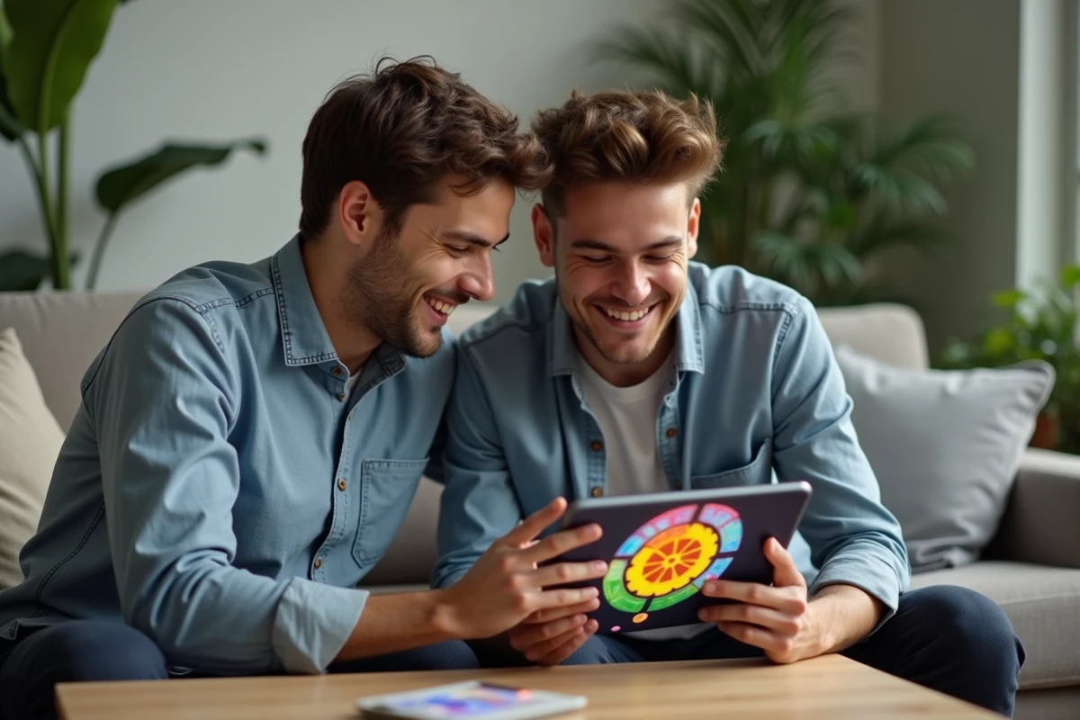 Jeune homme collaborant sur tablette puzzle en intérieur
