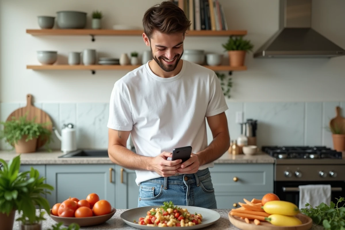 Jeune homme cuisine dans cuisine moderne avec smartphone