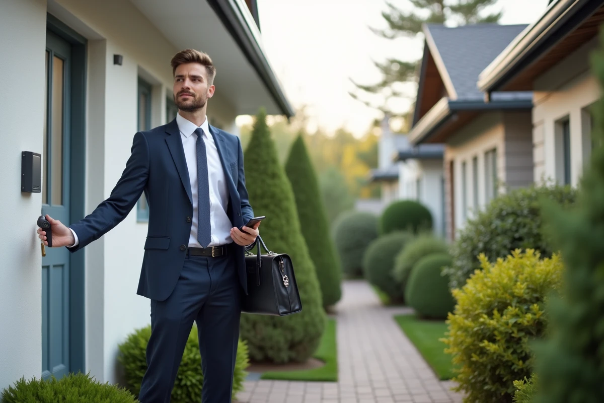 Jeune professionnel entrant dans une maison renovée
