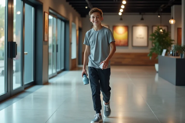 Jeune garçon souriant en tenue sportive devant la salle de sport