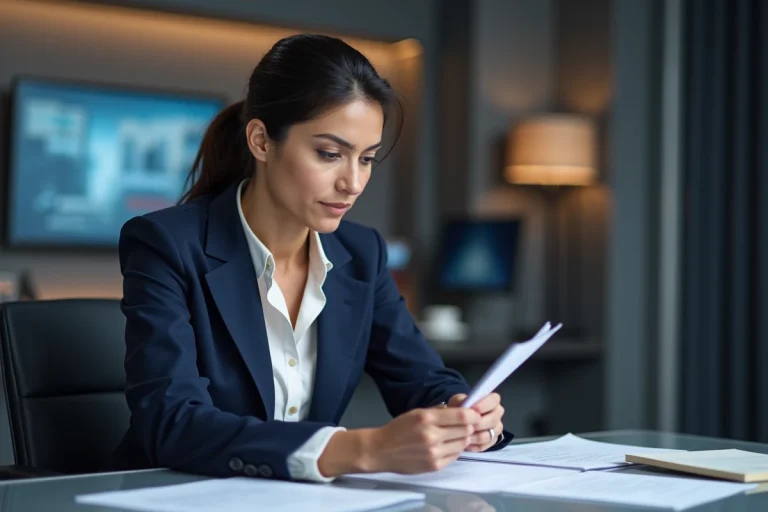 Journaliste femme en blazer marine dans un studio de télévision professionnel, illustrant la vie professionnelle et la discrétion de la vie privée d'une personnalité médiatique