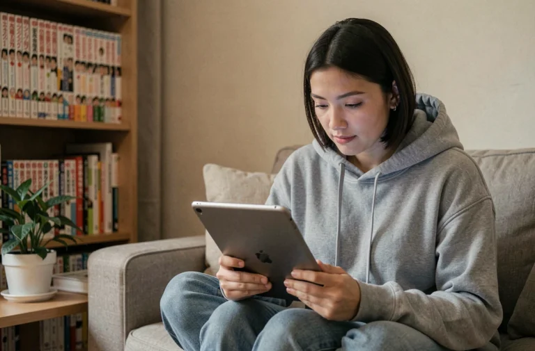 Jeune femme lisant des mangas en ligne sur une tablette dans un salon cosy entouré de volumes manga