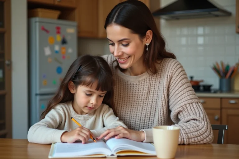 Femme aidant sa fille avec ses devoirs dans la cuisine chaleureuse