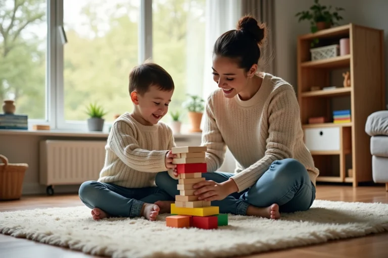 Mère et enfant construisent une tour de blocs colorés