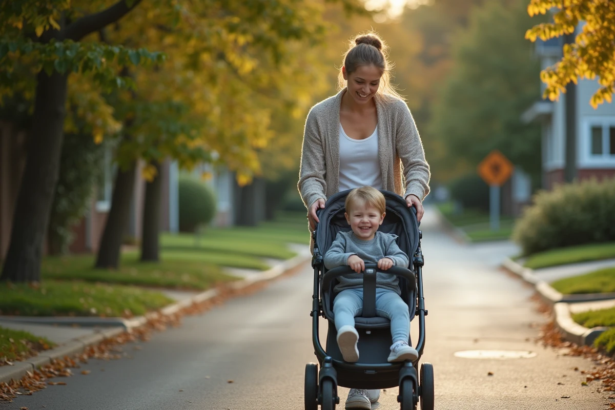 Maman en promenade avec son enfant dans un quartier verdoyant