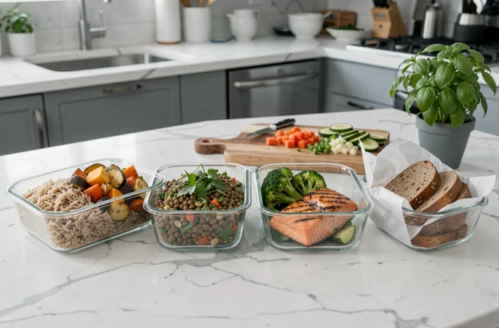 Préparation de repas équilibrés hebdomadaires dans des boîtes en verre sur plan de travail en marbre blanc