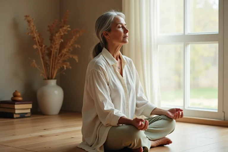 Femme en méditation spirituelle assise en tailleur dans un intérieur minimaliste chaleureux, évoquant la sérénité et l'introspection
