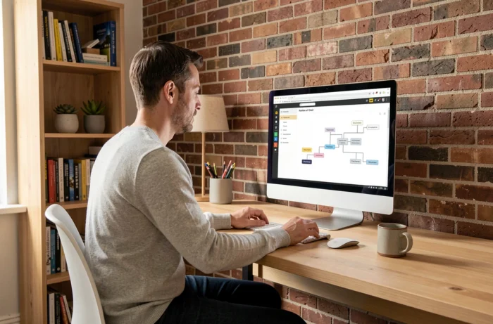 Homme naviguant sur le plan du site d'une agence immobilière depuis son bureau à domicile
