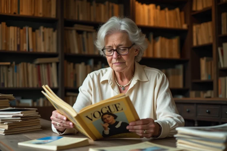 Femme tenant un ancien numéro de Vogue des années 70 dans une librairie d'occasion spécialisée en magazines vintage de collection
