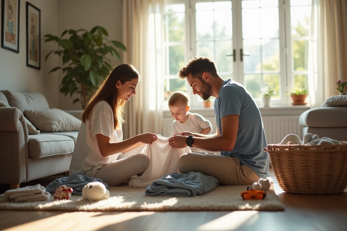 Parents pliant le linge dans le salon en famille