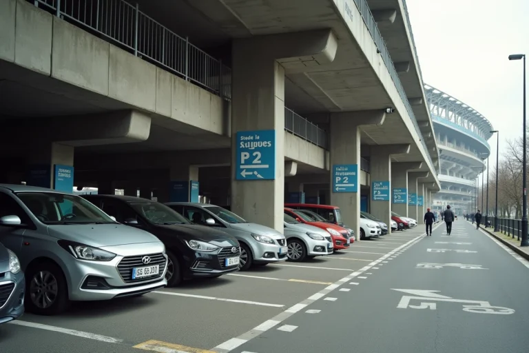 Parking P2 du Stade de France avec signalétique d'entrée et rangées de voitures garées