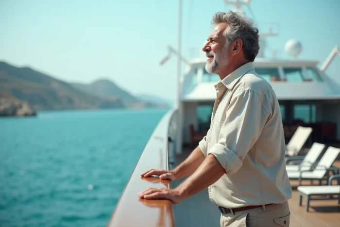 Passager admirant la mer Méditerranée depuis le pont avant d'un paquebot de croisière