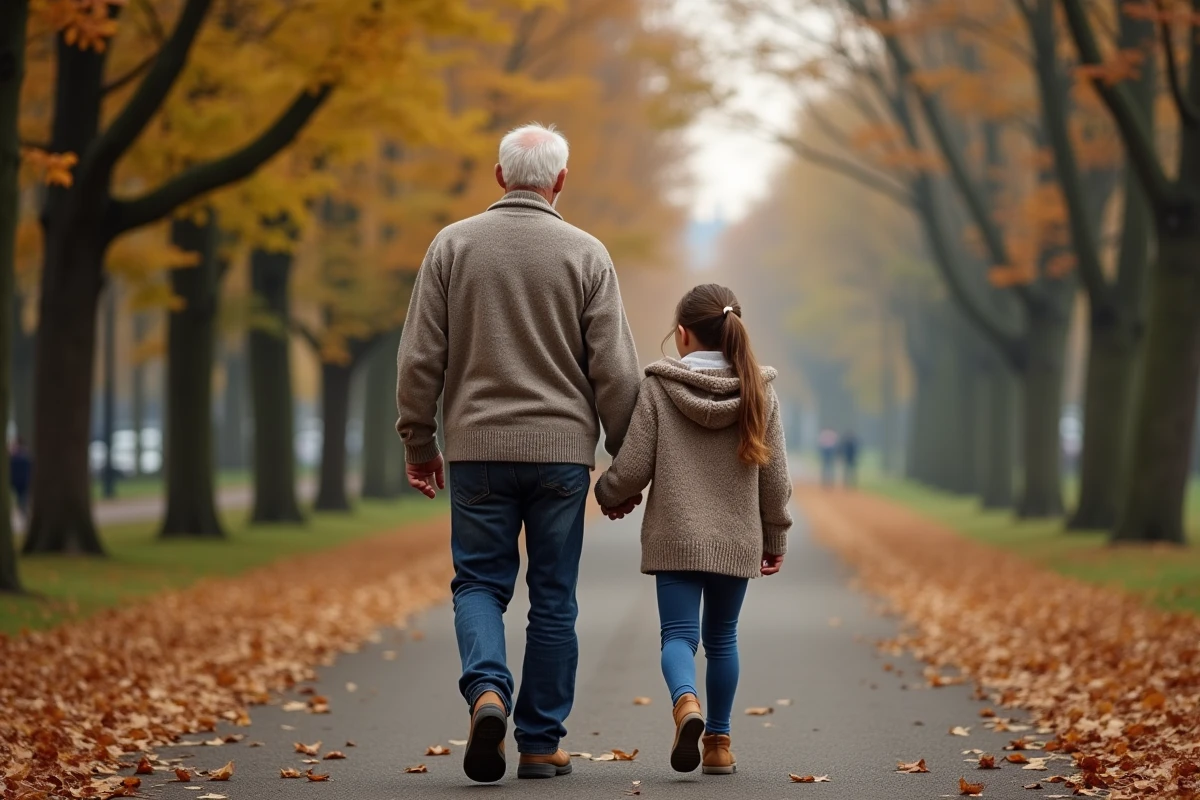 Père et fille marchant dans un parc automnal