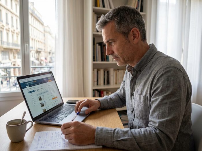 Un homme d'âge mûr recherche un EHPAD disponible à Marseille sur son ordinateur portable depuis son bureau à domicile