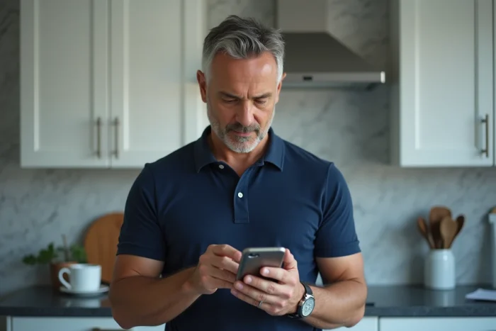 Homme gérant son abonnement Amazon Prime sur smartphone dans une cuisine moderne