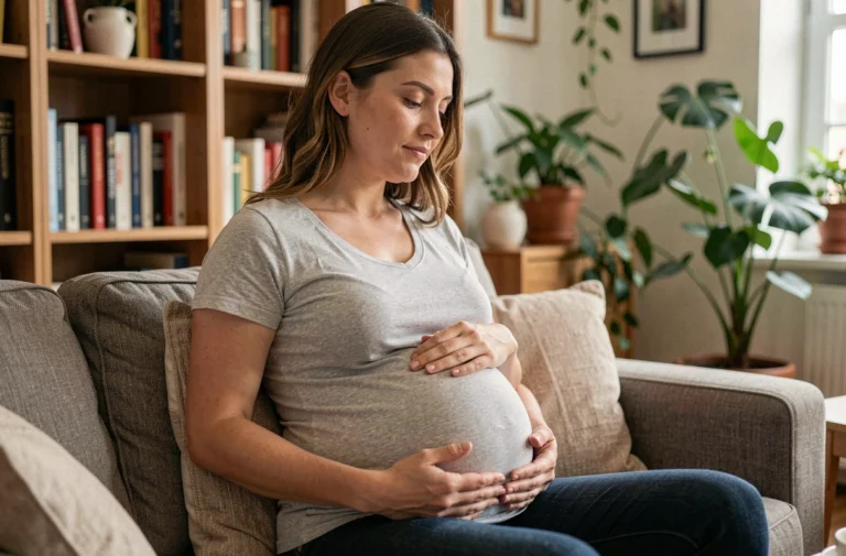 Femme enceinte assise sur un canapé, les mains posées sur son ventre, illustrant les signes d'une grossesse