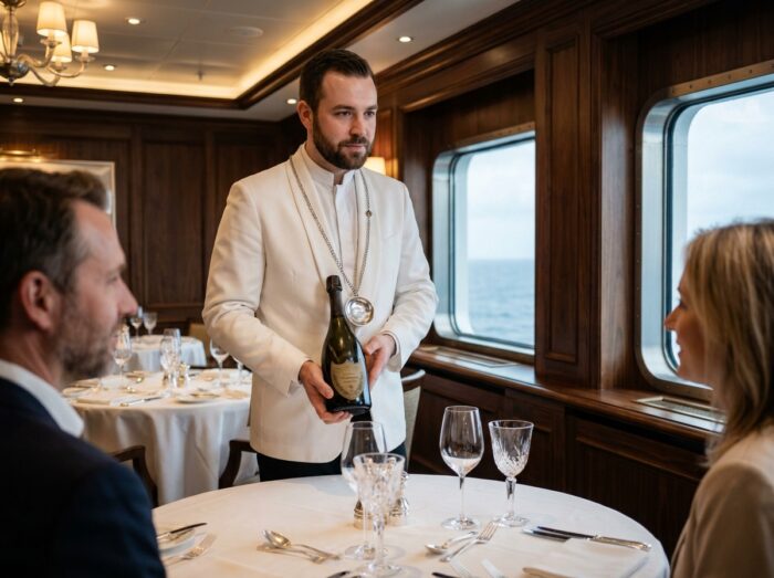 Sommelier servant du champagne dans le restaurant gastronomique d'un paquebot de luxe