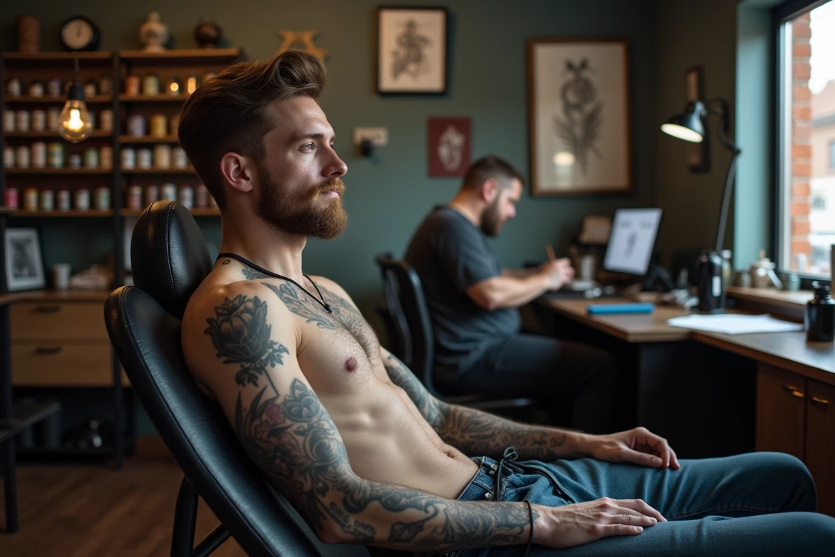 Client tatoué dans un studio de tatouage avec l