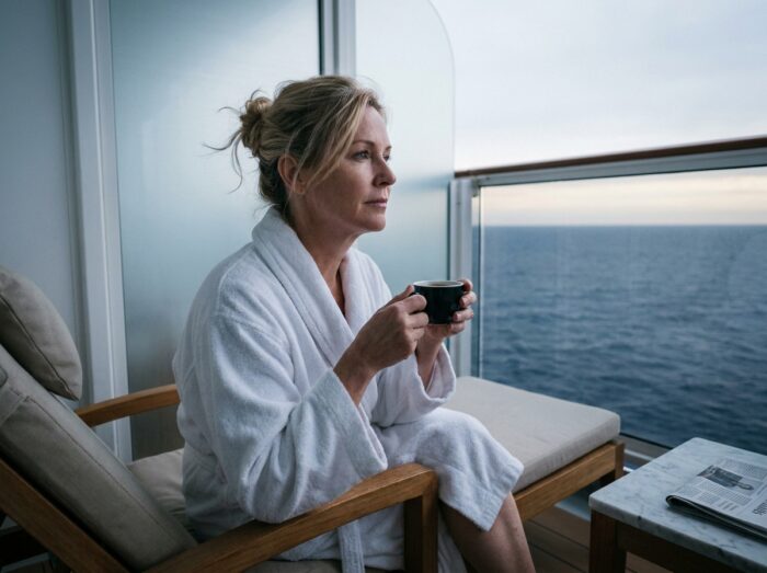 Femme en robe de chambre savourant un espresso sur le balcon privé d'une suite de croisière de luxe