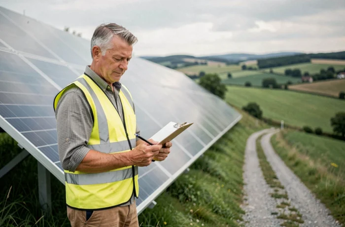 Technicien inspectant des panneaux solaires installés dans un paysage rural verdoyant, énergie renouvelable et avenir durable