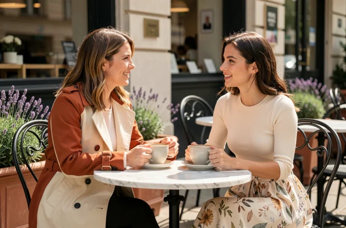 Deux femmes élégantes attablées en terrasse de café portant des tendances mode trench color-block et jupe midi imprimée botanique