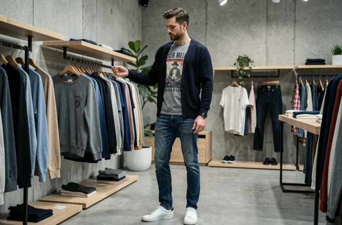 Homme en cardigan marine et jean brut dans un concept store minimaliste, style mode masculine tendances urbaines contemporaines