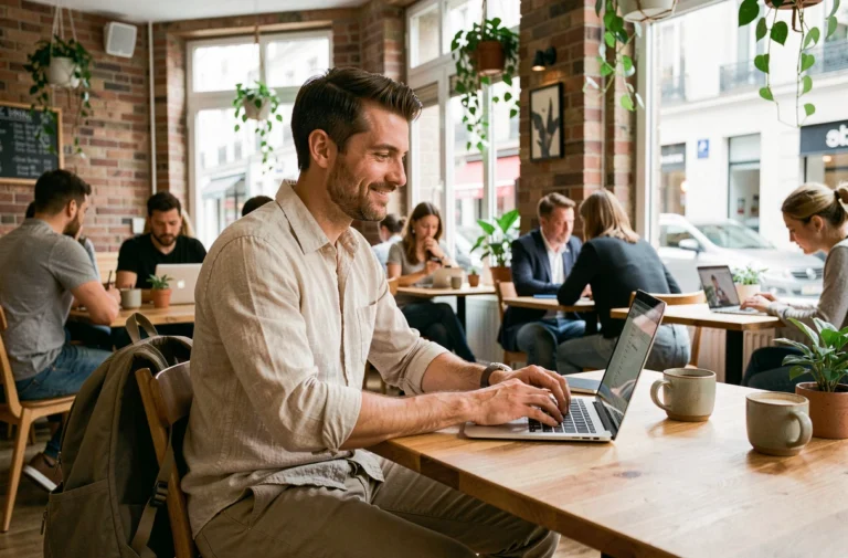 Voyageur nomade numérique travaillant sur son ordinateur portable dans un café co-working moderne en Europe