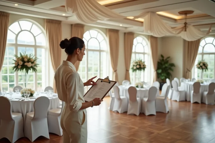 Wedding planner professionnelle organisant la décoration d'une salle de réception de mariage élégante